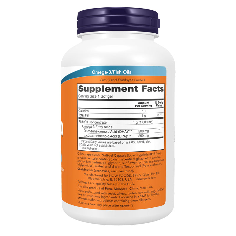 NOW Foods Supplements, DHA-500 with 250 EPA, Molecularly Distilled, Supports Brain Health*, 180 Softgels 180 Count (Pack of 1)