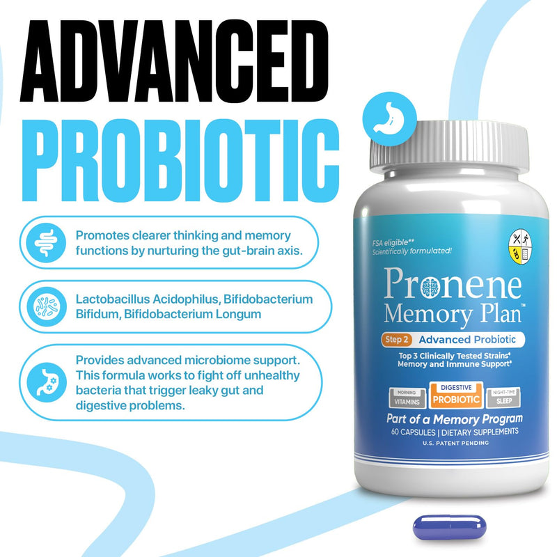 Pronene Memory Plan Advanced Probiotic | Gut-Brain Axis Support for Adults 50+ | 20 Billion CFU with B. Bifidum, B. Longum & L. Acidophilus | Created by a Neuroscientist | 60 Capsules | FSA Eligible