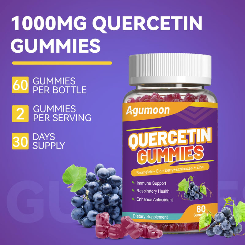 2 Pack Quercetin Gummies, 1000mg Quercetin with Bromelain Zinc Elderberry, Immune & Antioxidant Support, Vegan Gummies for Adults & Kids, 120 Count 60 Count (Pack of 2)