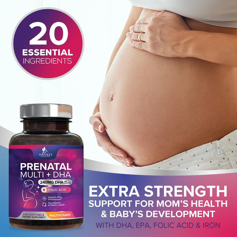 Prenatal Vitamins for Women with Folic Acid + Omega 3 DHA for Fetal Brain Development, Best Prenatal Vitamin Supplement, Daily Pregnancy Multivitamin Nutritional Support, Non-GMO - 240 Softgels 240 Count (Pack of 1)