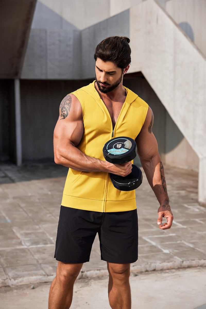 COOFANDY Men's Workout Hooded Tank Tops 2 Pack Zip Up Sleeveless Gym Shirts Muscle Cut Off T Shirt Bodybuilding Hoodies X-Large Yellow(1pcs) - BeesActive Australia