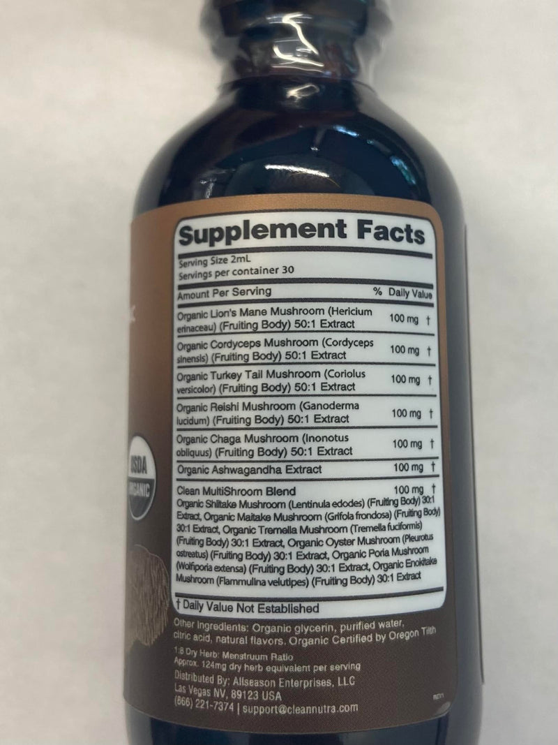 Organic Lions Mane Mushroom Supplement Liquid Drops + Turkey Tail Cordyceps Reishi Chaga Shitake Maitake Tremella Oyster Mushrooms Poria and Enokitake Complex Blend by Clean Nutra 1