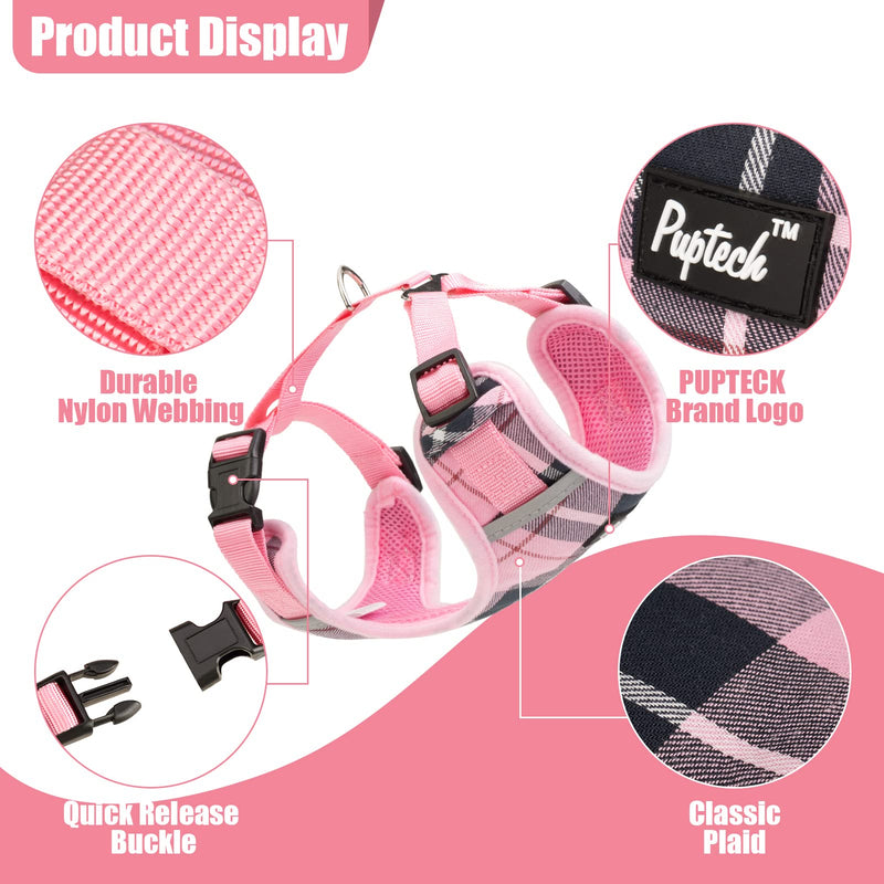 PUPTECK Dog Harness and Leash Collar Set for Small Medium Dogs Puppy and Cats Walking No Pull Adjustable Reflective Soft Mesh Padded Plaid Harnesses Pet Accessories, Pink, M M (Chest 16"-21", Neck 14.5"-17") - BeesActive Australia