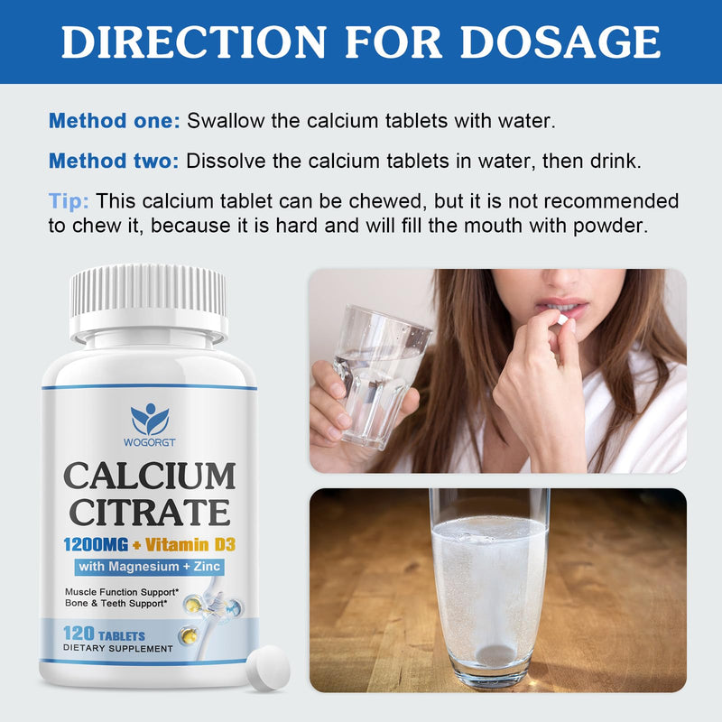 Calcium Citrate 1200mg Supplement with Vitamin D3 for Women & Men, 120Ct | WOGORGT - Calcium Citrate Tablets with Magnesium, Zinc, D3 Supplement, Bone, Teeth, Immune Support for Women & Men, Vegan 120 Count (Pack of 1)
