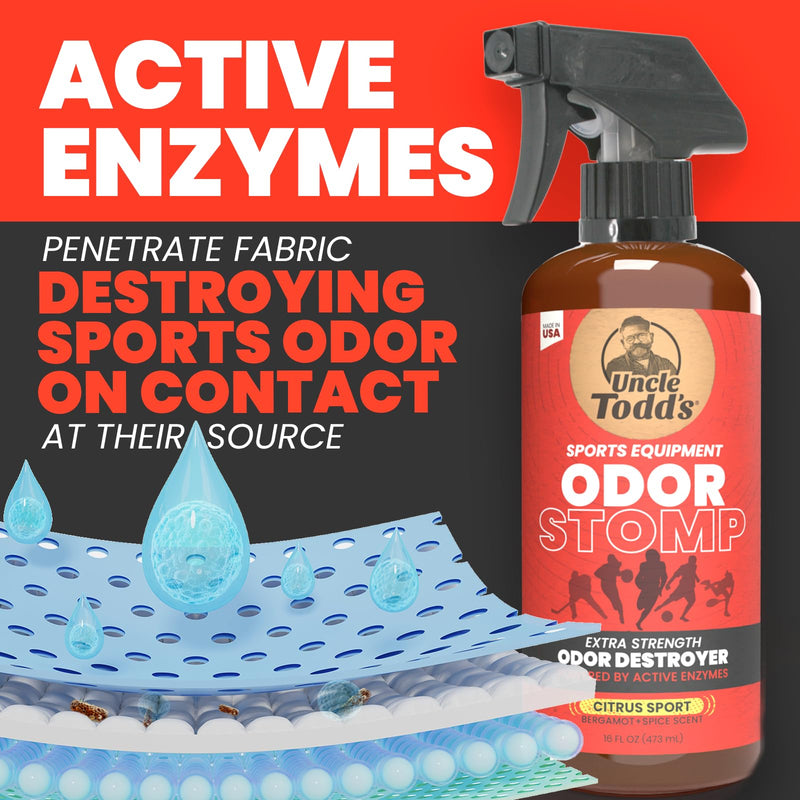 Uncle Todd’s Odor Stomp Sports Equipment Odor Eliminator Spray - Extra Strength Enzyme-Powered Deodorizer for Football, Hockey, Gym Bags, and Athletic Gear - Citrus Sport Scent - 16oz - BeesActive Australia