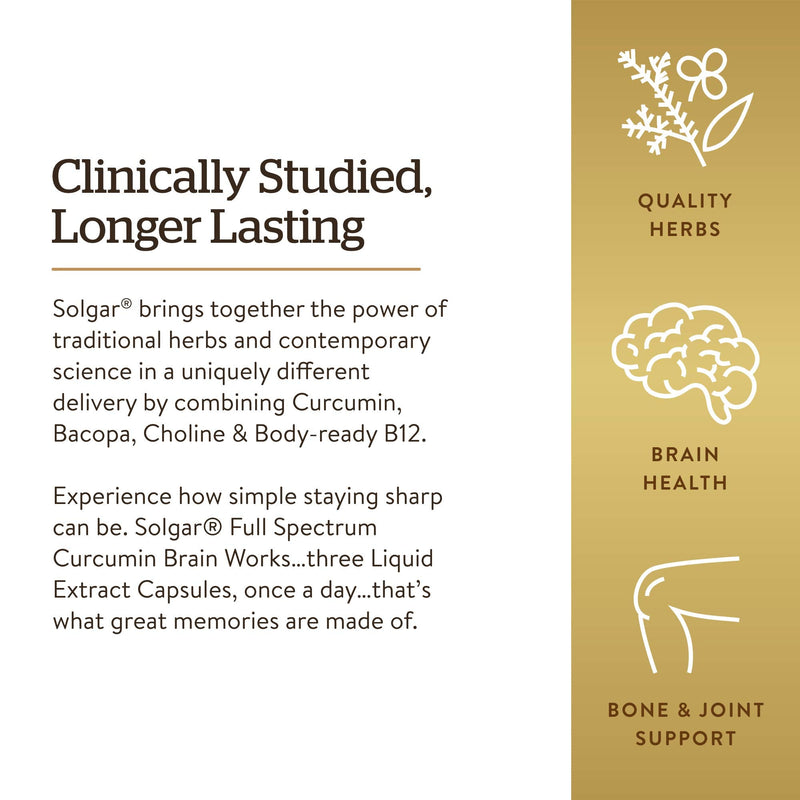 Solgar Full Spectrum Curcumin Brain Works, 90 Licaps, 30 Servings - Non-GMO | Support Memory Recall, Focus, Cognitive Function - Antioxidant Support - Curcumin, BacoMind, Choline, Vitamin B12, Vegan 1 Count (Pack of 1)