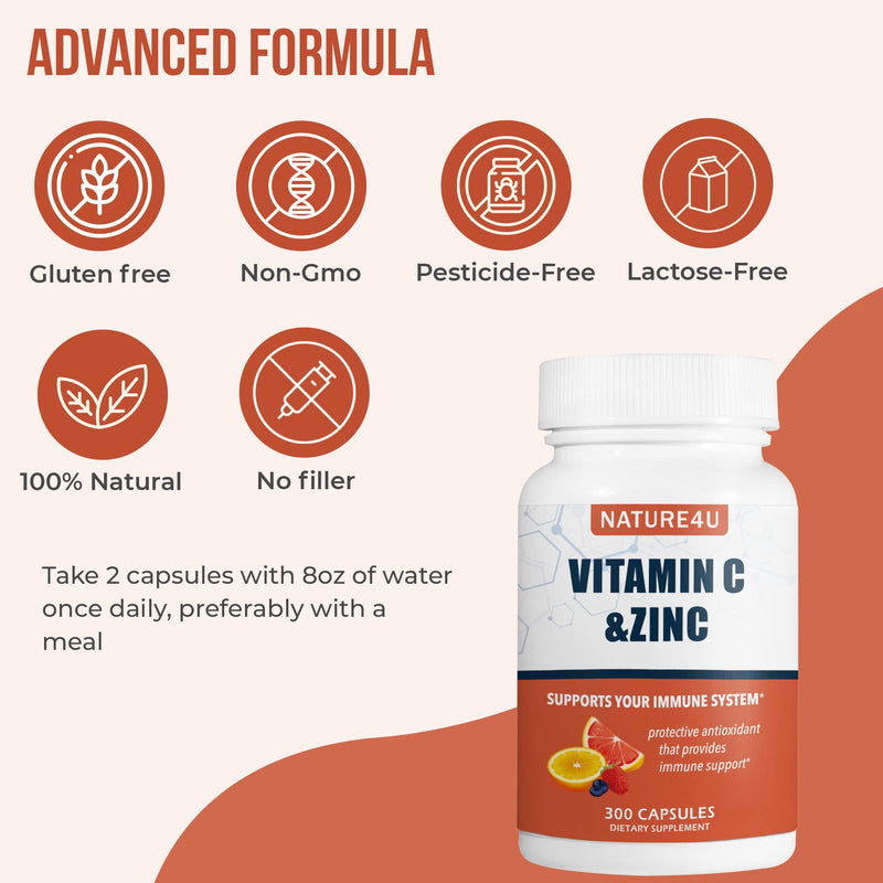 Vitamin C 1000mg with Zinc, Rose HIPS and Citrus Bioflavonoids, Immune Support Supplement Antioxidants Protection, 300 Capsules 300 Count (Pack of 1)