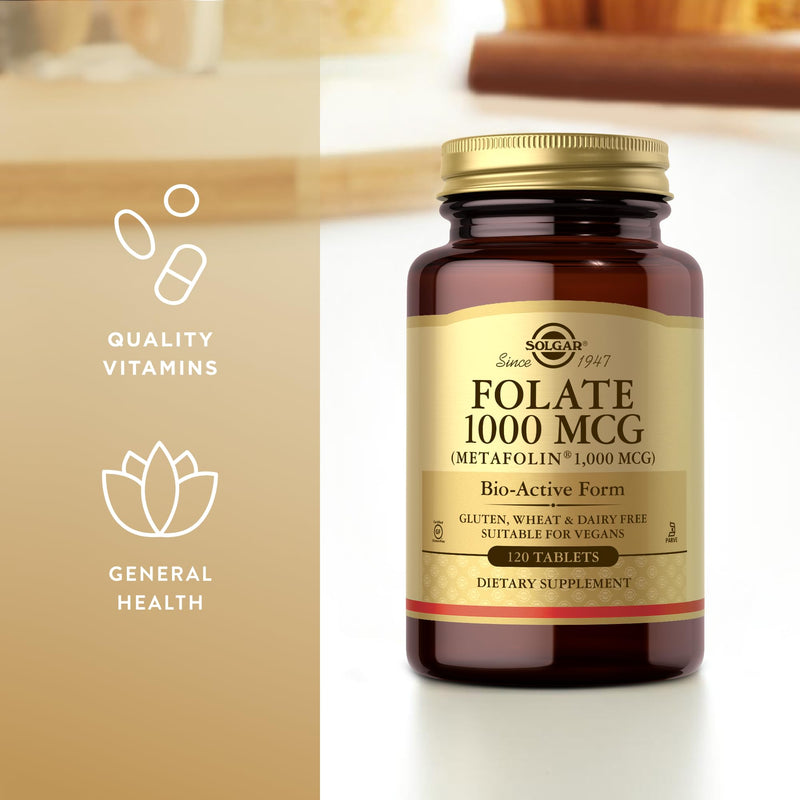 Solgar Folate 1000 mcg - 120 Tablets - 1000 mcg Bio-Active Metafolin - Vegan, Gluten Free, Dairy Free, Kosher - 120 Servings 1