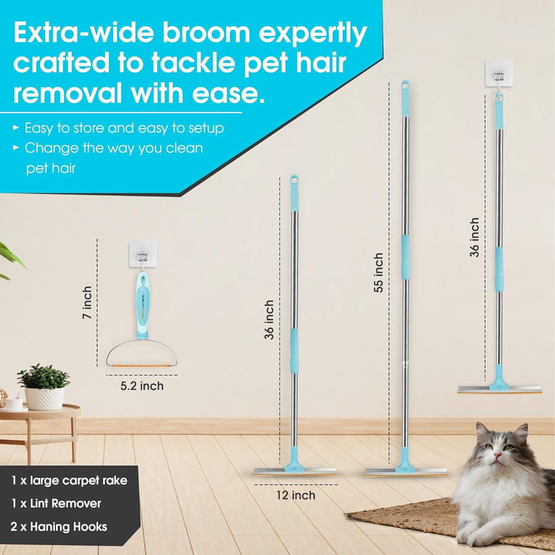 Pet Hair rake Bundle, Retractable Cat & Dog Hair Carpet rake Remover | This pet Hair Broom & Carpet Brush for Carpets Rugs Mats Couch & Pet Tower with 2 Hanging Hooks Easy to Every Hair - BeesActive Australia