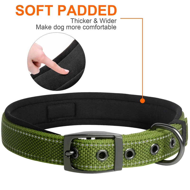 Fida Heavy Duty Dog Collar for Medium Dogs, Ultra Comfortable Soft Neoprene Padded, Adjustable Reflective Nylon Pet Collar with Durable Metal Belt Buckle for Medium Breeds (M, Green) Medium(14.5"-19") Military Green - BeesActive Australia