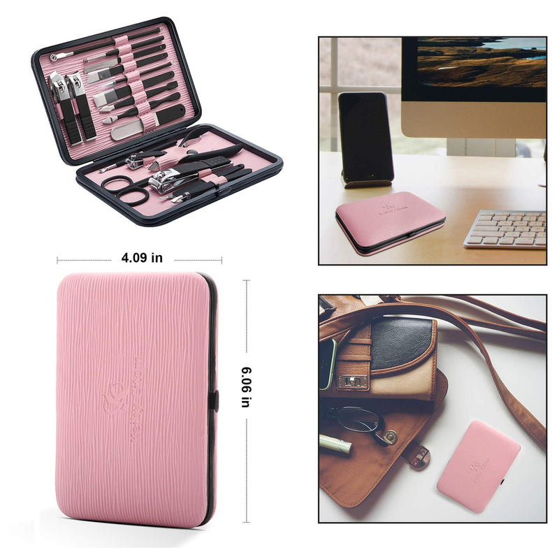 Manicure Set Professional Nail Clippers Kit Pedicure Care Tools- Stainless Steel Women Grooming Kit 18Pcs for Travel or Home (Pink) Pink