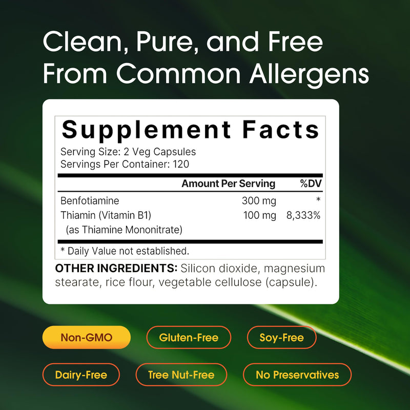 NatureBell Benfotiamine with Thiamine - 240 Vegetarian Capsules - 300mg Benfotiamine & 100mg Thiamine - for Heart Health, Energy Production & Nervous System Support* - Vitamin B1 Complex