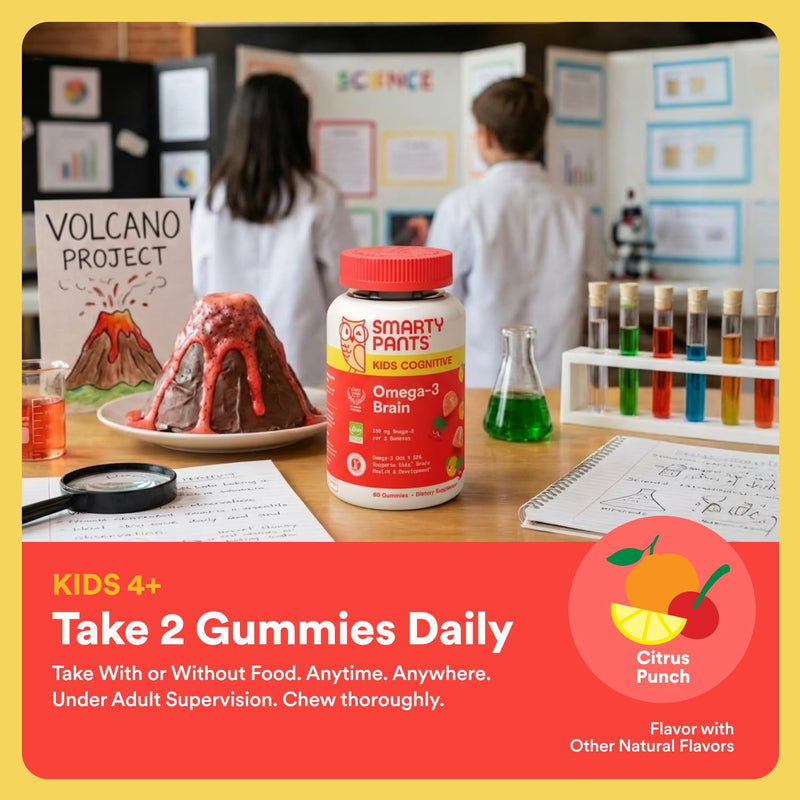 SmartyPants Kids Vitamins Cognitive Omega-3 Brain Gummies with DHA & EPA, Citrus Strawberry, 60 Count (30 Day Supply)