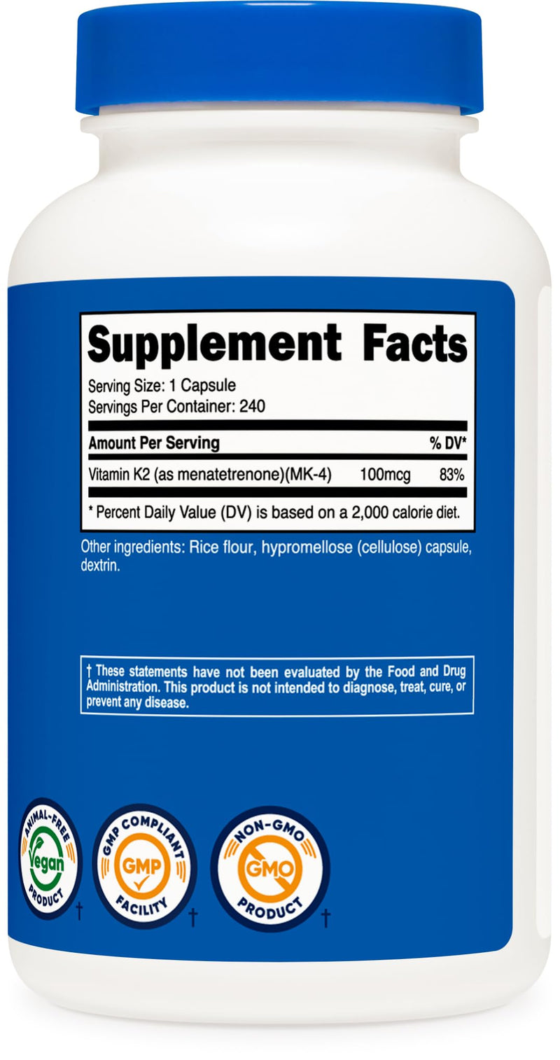 Nutricost Vitamin K2 (MK4) 240 Capsules (100mcg) - Gluten Free and Non-GMO Unflavored 240 Count (Pack of 1) - BeesActive Australia