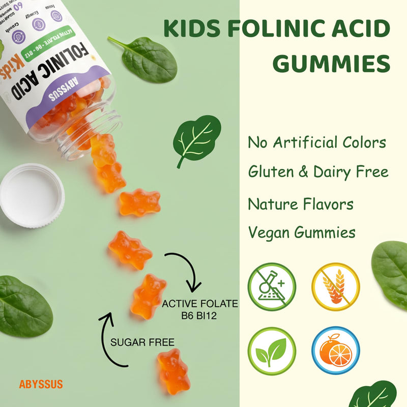 ABYSSUS Kids Folinic Acid Gummies with B6 & B12, Sugar-Free, 60 Count | Brain, Focus, Energy & Healthy Growth Support with Active B6 (P5P) & Methyl B12, Methylation Folate Supplement, Non-GMO