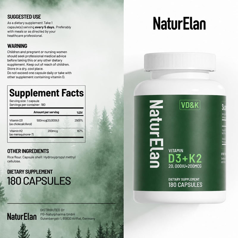 NaturElan Vitamin D3 K2-20,000 IU D3 + 200mcg K2(MK-7), 180 Capsules | Supports Bone, Immune, Heart & Teeth Health, Non-GMO,Vegan, Third-Party Tested, Gluten Free, K2 D3 Vitamin for Men & Women 20,000 IU