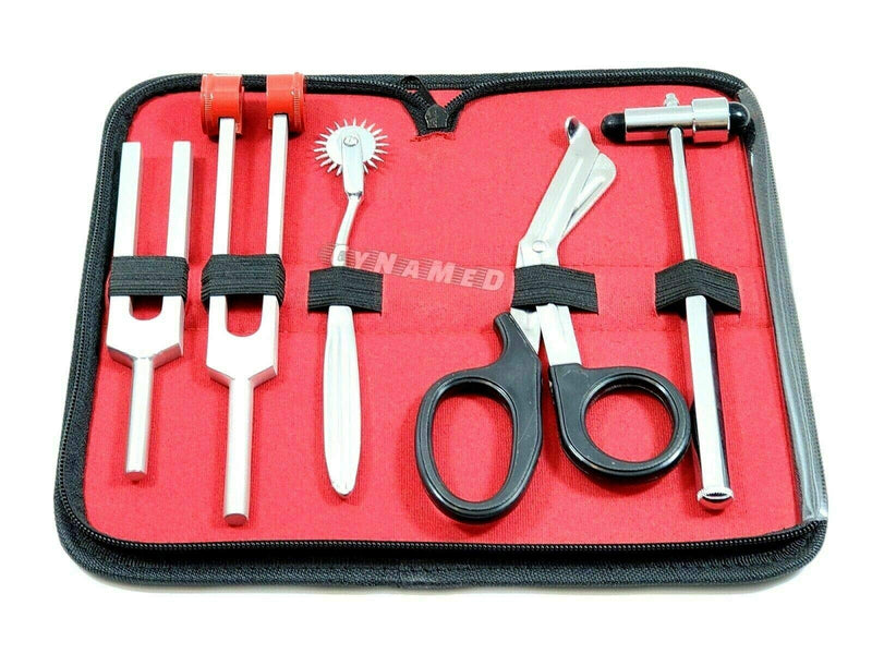 5 Piece Student Diagnostic Kit - Reflex Neurological Buck Hammer And Tuning Fork Set C 128 And C 512. Includes Wartenberg Pinwheel, Premium Steel Bandage Scissor 7.5” Black