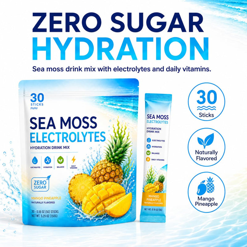 Sea Moss Electrolytes Packets, Hydration Powder with Sea Moss & Potassium, Sugar Free Electrolyte Drink Mix for Fast Hydration & Daily Electrolyte Support, 30 Stick Packs