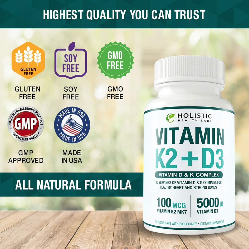 Max Absorption Vitamin K2 + D3 (5000IU) 90 Veggie Capsules From MK-7 (Menaquinone-7) and Cholecalciferol (With BioPerine) 3-Months Supply – D3 with K2 For Healthy Heart and Strong Bones | Non-GMO