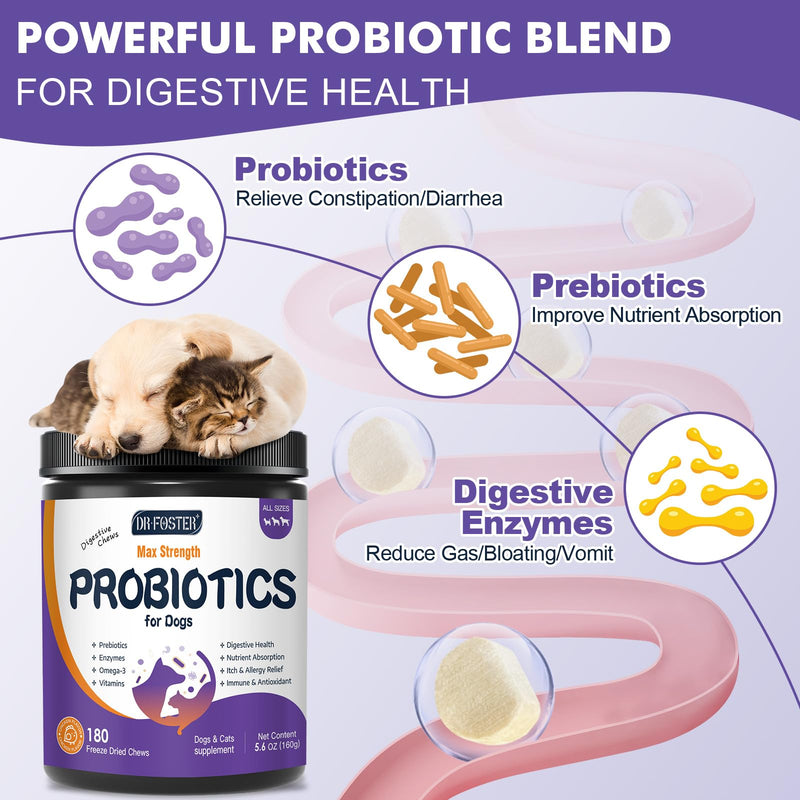 DRFOSTER Probiotics for Dogs, Freeze-Dried Dog Probiotics and Digestive Enzymes, Plus Omega-3 for Itchy Skin, Prebiotics for Digestive Health, Dog Vitamins and Supplements for Immune Health, 180 Bites Purple