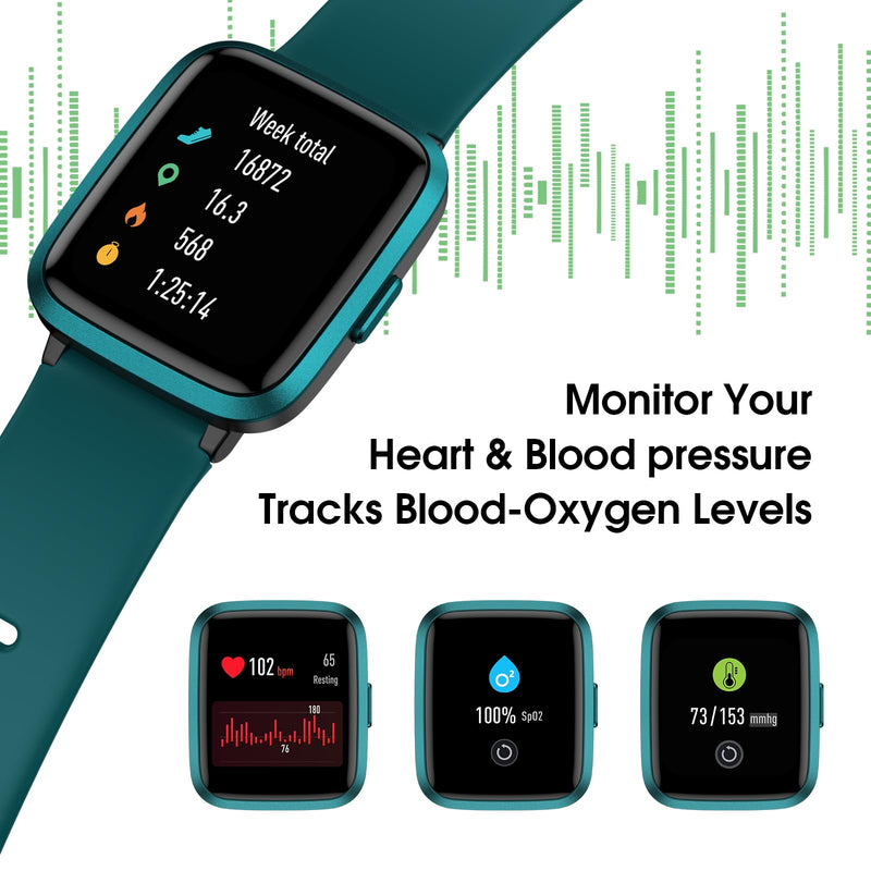 TYKOIT Smart Watch, Fitness Tracker with Heart Rate Monitor, Blood Oxygen, Sleep Tracker, 44mm Touchscreen Smartwatch for Android iOS Waterproof Pedometer Watches Step Calories Tracker for Women Men Green