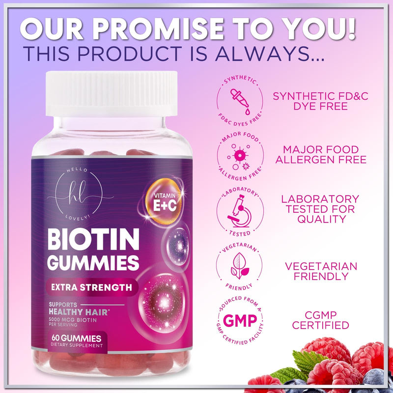 Hair Vitamins Gummies with Biotin 5000 mcg per Serving - Hair Growth Support with Vitamins E & C for Thicker, Stronger & Beautiful Hair - Hair Skin and Nails Vitamin, Gluten Free - 60 Gummies 60 Count (Pack of 1)