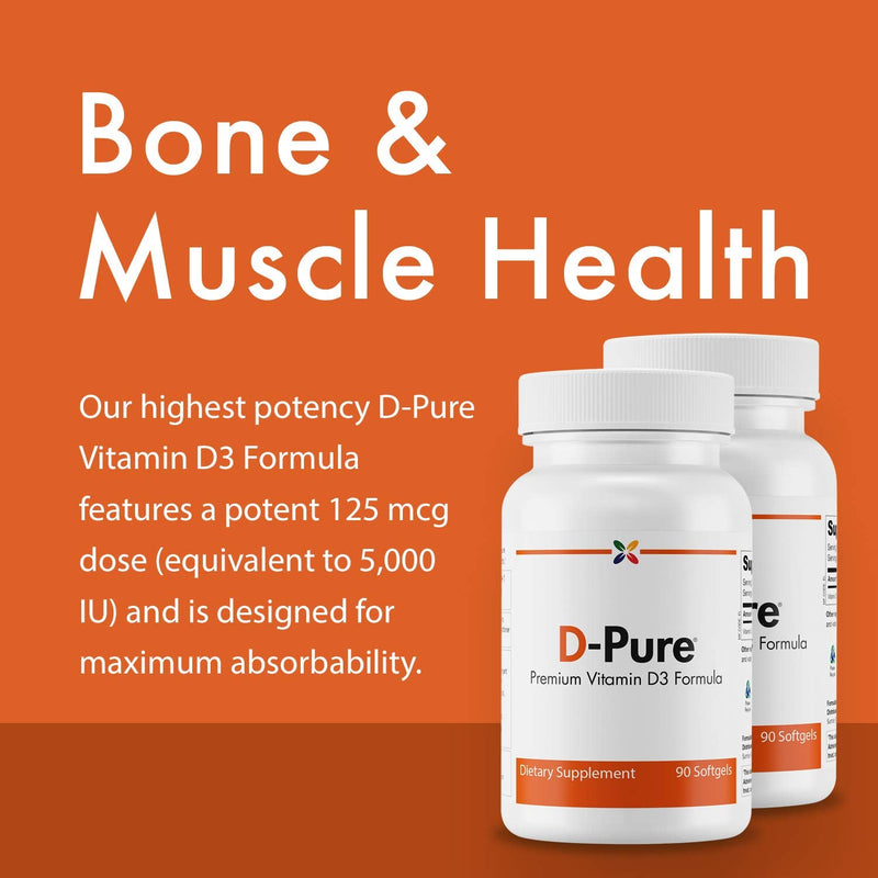 Stop Aging Now - D-Pure Formula 125 MCG - Premium Vitamin D3 5000 IU with Safflower Oil - Muscle, Teeth and Bone Health, Heart Health, and Immune Support - 90 Softgels