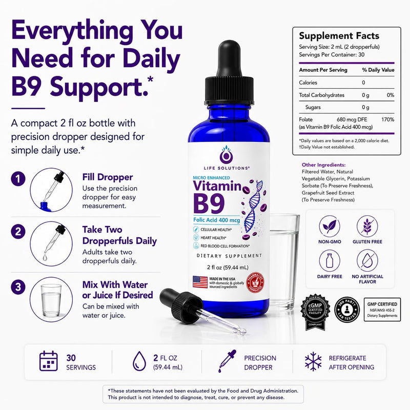 Life Solutions Vitamin B9 Liquid Drops, Folic Acid 400 mcg, 2 fl oz | 400 mcg folic acid per serving in convenient liquid drops with a precision dropper for easy daily use.