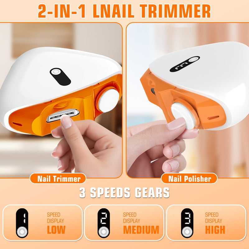 Electric Nail Clipper, Upgraded 2 in 1 Nail File Trimmer with Polishing, 3 Speeds Baby Nail Clipper Electric with LED Light and Nail Clip Storage (White-Orange) White-Orange