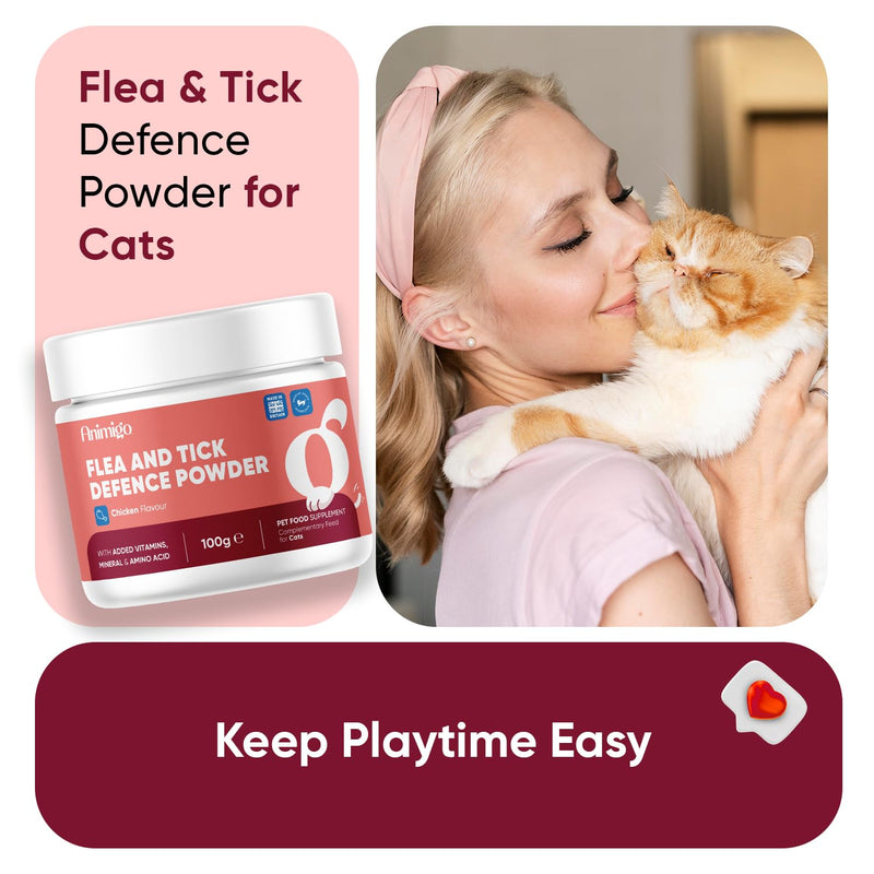 animigo Flea & Tick Powder for Cats - Works from Within - Delicious Chicken Flavour - Added Vitamins, Minerals & Amino Acid - Alternative to Cat Flea Tablets, Shampoo & Spray - Easy to Mix in Food