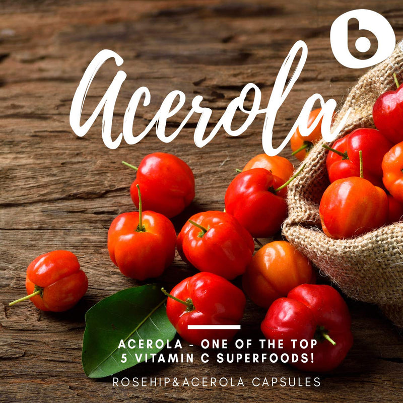 b Natural RoseHips & Acerola Capsules - Plant Based Vitamin C 1000mg from Acerola Cherry Powder & Rosehip Powder - Without Ascorbic Acid - Supports Immune Health - GMO Free - 90 Vegan Capsules
