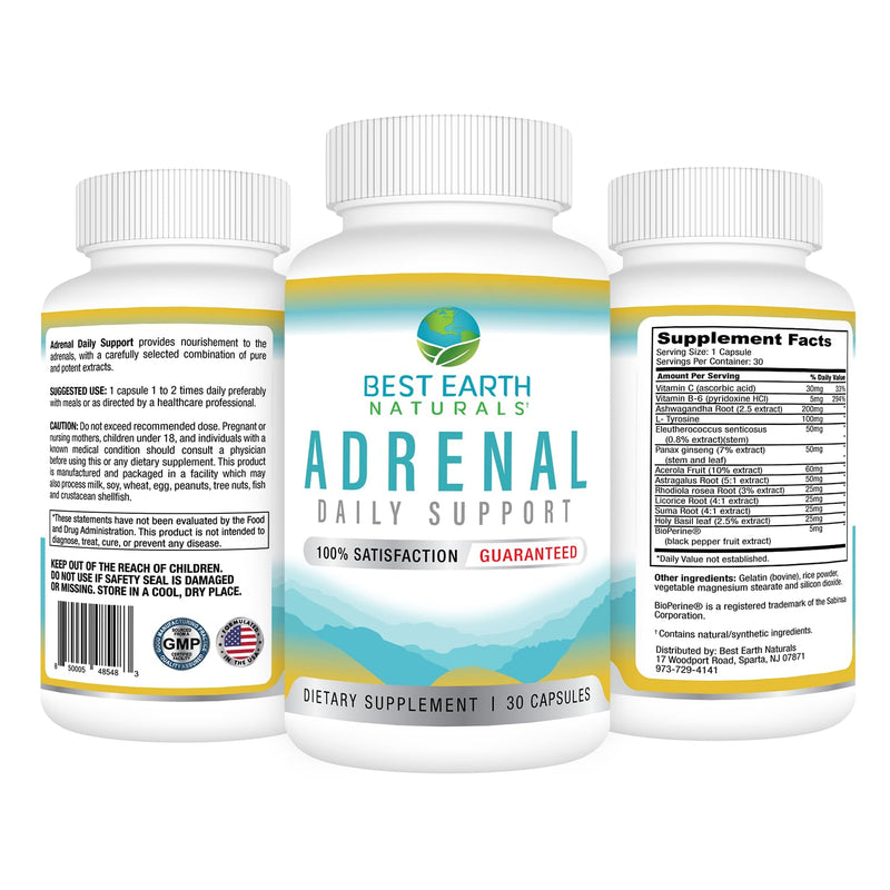 Best Earth Naturals - Adrenal Support for Adults - Holy Basil, B C Vitamins, L-Tyrosine, Rhodiola Rosea Root, Ashwagandha Supplements for Cortisol Manager Support - 30 Day Supply 30 Count (Pack of 1)