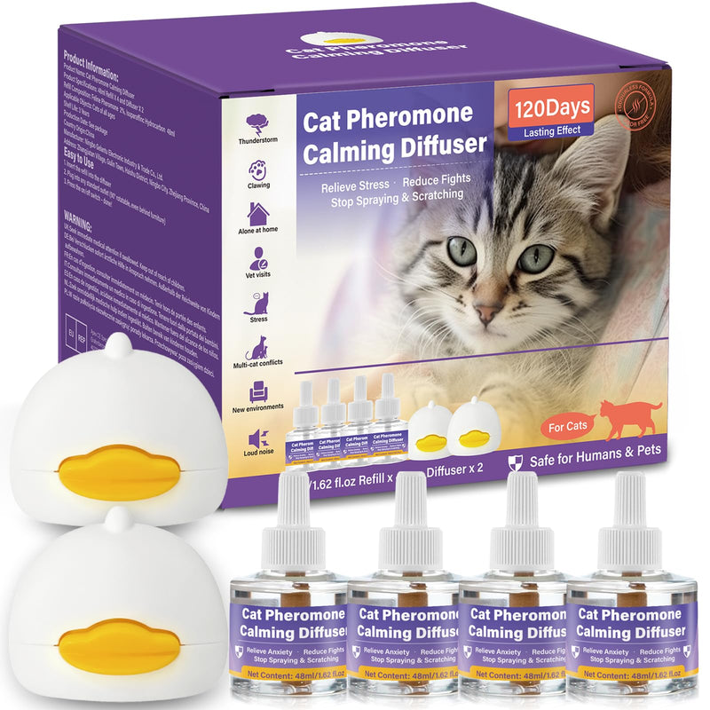 Cat Calming Pheromone Diffuser, 4 Refills 48ml & 2 Diffusers, 120 Days Long-Lasting, Relieve Anxiety, Reduce Fighting, Spraying & Scratching, Safe for Cats Kittens & Humans 1