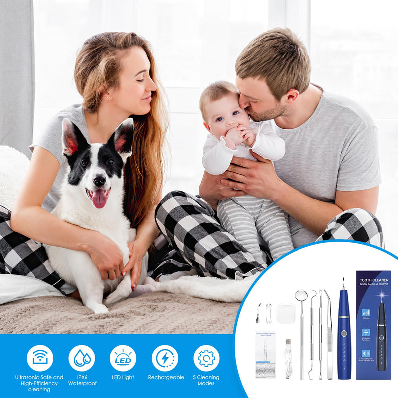 AMIR Ultrasonic Pet Plaque Remover, Electric Teeth Cleaning Kit for Dogs & Cats with 5 Modes, LED Light, IPX6 Waterproof, USB Rechargeable Toothbrush Cleaner for Dogs Cats (Blue)