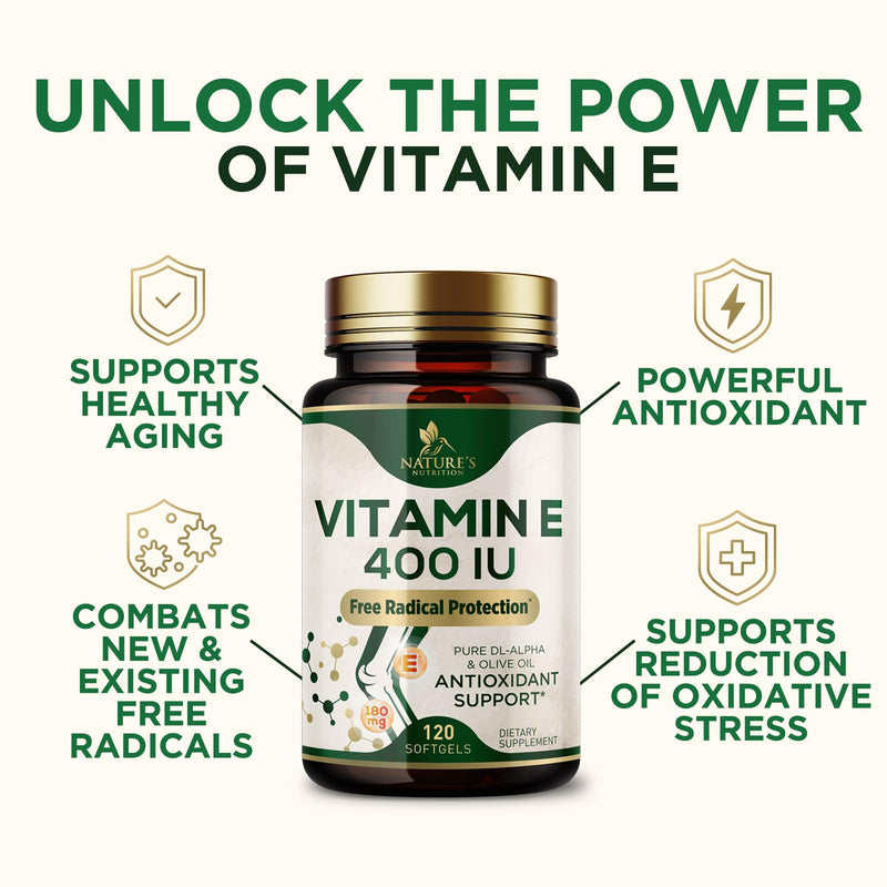 Vitamin E 180mg Per Serving - E Vitamins DL-Alpha, Antioxidant-Rich Dietary Supplement for Skin, Heart, and Immune Support, USA Bottled, Easily Absorbed, Non-GMO & Gluten Free - 120 Softgels 120 Count (Pack of 1)