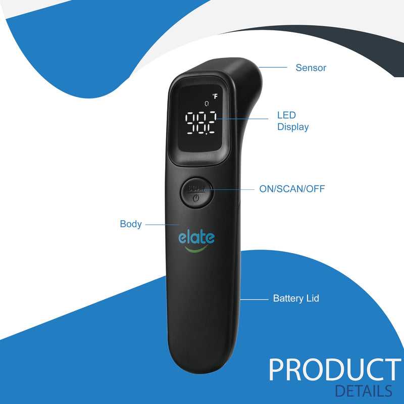 Elate Medical Grade Non-Contact Forehead Thermometer for Adults and Kids, No-Touch Digital Infrared Thermometer for Infants/Newborns, Touchless Temporal Thermometer for Fever, Black - BeesActive Australia