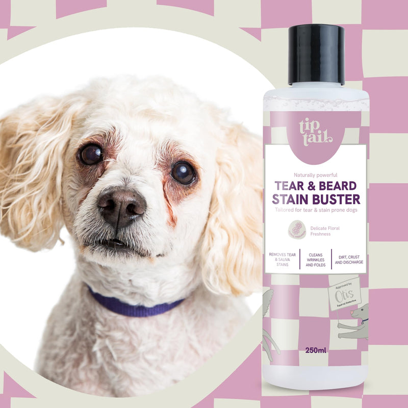 Tip Tail Dog Tear & Beard Stain Buster - Removes Tear and Saliva Stains, Cleans Wrinkles and Folds, Reduces Discolouration, Gentle Formula for Around the Eyes, Suitable for Dogs over 12 weeks (250 ml)