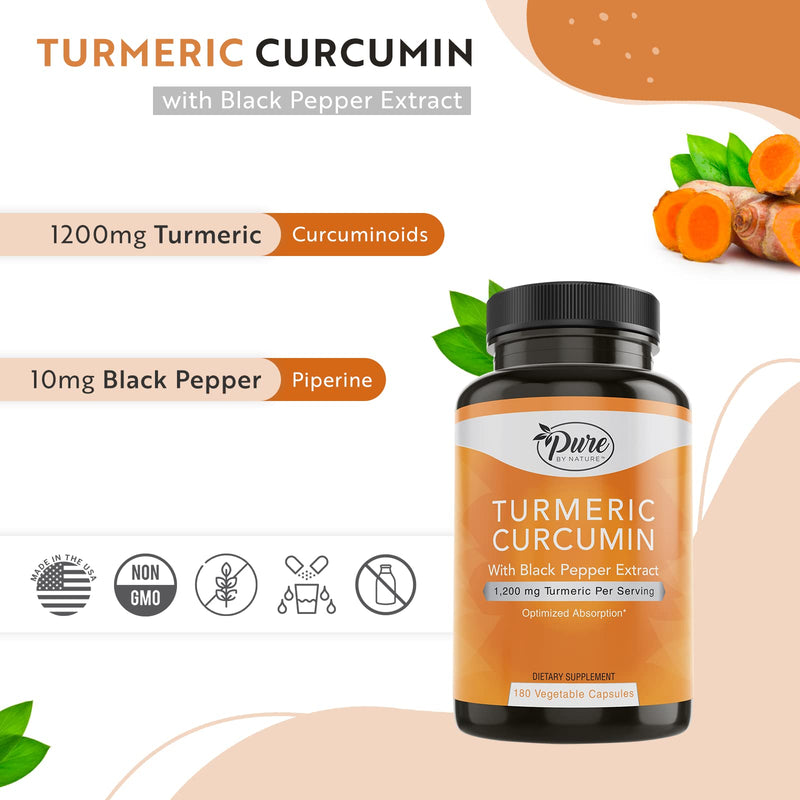 Pure By Nature Turmeric Curcumin with Black Pepper Extract 10 mg Capsules, 1200 mg per Serving, Organic, High Absorption Antioxidant Support (180 Count) - BeesActive Australia