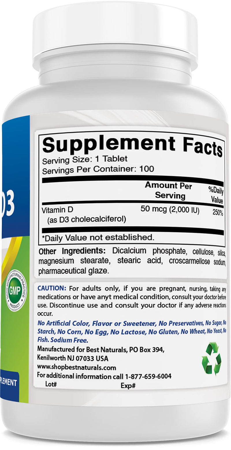 Best Naturals Vitamin D3 2000 IU (50 mcg) - 100 Tablets - 100 Days Supply - Helps Support Immune Health, Strong Bones and Teeth, & Muscle Function (100 Count (Pack of 1)) 100 Count (Pack of 1)