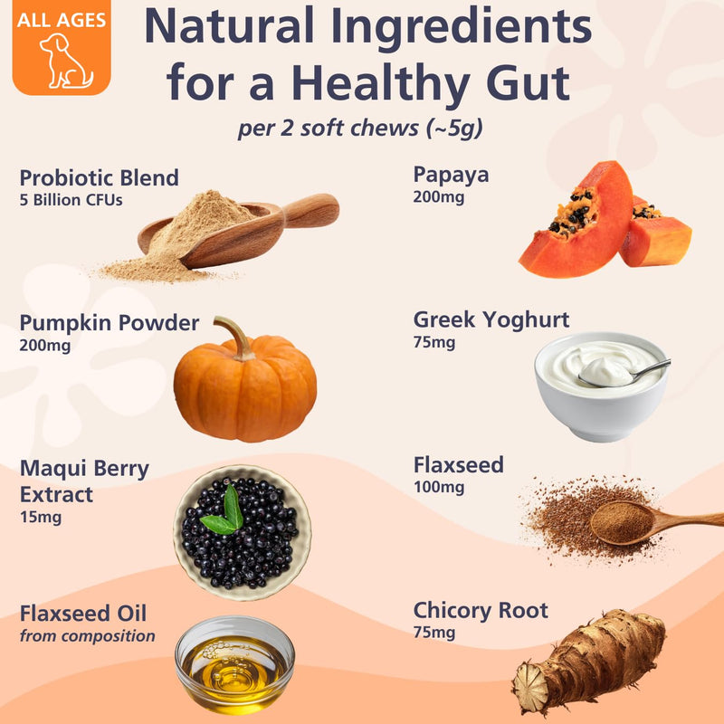 Leo's (120chews) Probiotic for Dogs chews | Natural Dog Probiotic Supplements | Pro Biotics for Gut Health Dog | Pre Pro and Post Biotic dog treats | Gut Health, Anal Glands, Grass-Eating, Itchy Ears