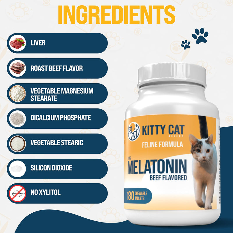 Kitty Select Cat Calming Treats, 180 Cat Melatonin Chews for Sleep, 1mg Beef Flavored