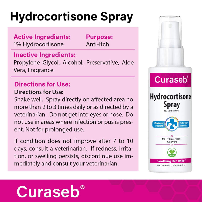Curaseb Hydrocortisone Spray for Dogs & Cats – Instant Itch Relief for Hot Spots, Paw Licking, Rashes, Allergies, Bites, Dry Skin – with Soothing Aloe, 4oz