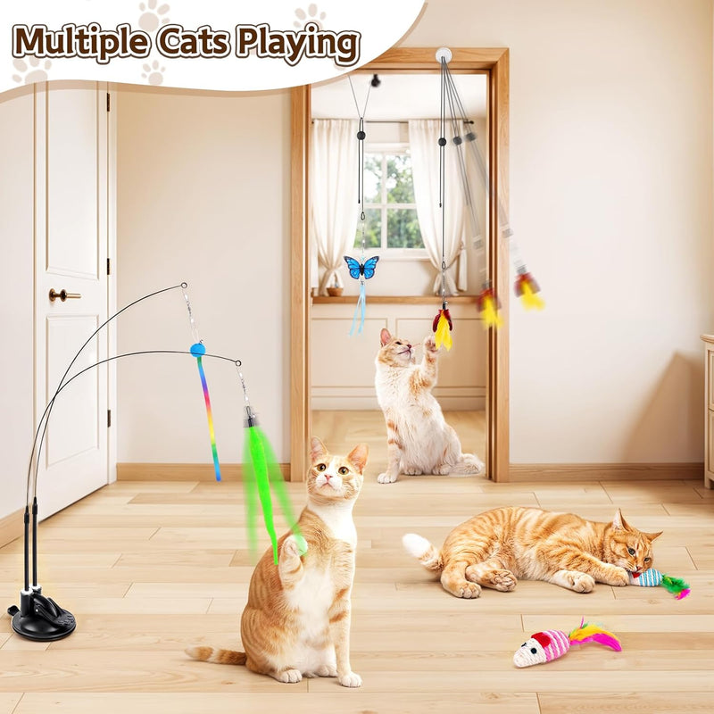 HONGDDY Cat Toys, 14Pcs 4 in 1 Indoor Adult Cat Interactive Toys, Hanging Door Kitten Wand Toys with Suction Cup Removable Feathers Balls Mice Butterfly Streamers 14 Pcs Cat Toys - BeesActive Australia