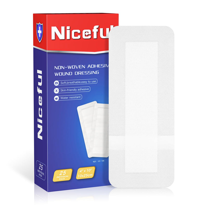 Niceful 25Pcs Island Dressing Bordered Gauze 4"x10", Water-Resistant Large Adhesive Bandages, Absorbent Wound Dressing Pads Bandages Large Wound Care 4"x10"(25 Pcs)