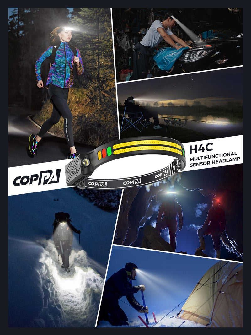COPPA Headlamp, H4C Headlamp Rechargeable 2Pack with White & Yellow & Red & Green Floodlight & Spotlight Mini Portable with Motion Sensor Super for Camping Running Fishing Climbing Hiking Maintenance English 2.0