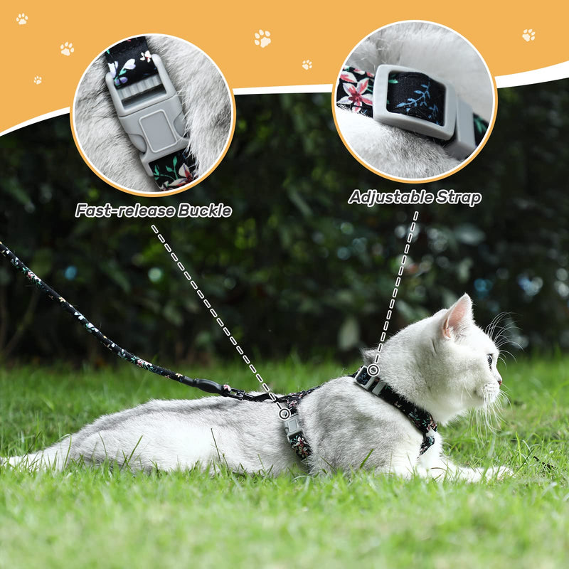 PETTOM floral pattern cat harness with leash cat leash with harness for cats with round lanyard escape-proof adjustable chest strap suitable for small and medium cats M black - BeesActive Australia
