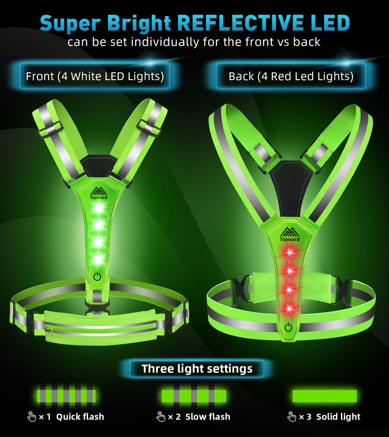 LED Reflective Vest Running Gear, USB-C Rechargeable, Light Up Lights for Night Dog Walking Cycling, Running Phone Holder Vest for Runners, High Visibility with Adjustable Waist/Shoulder green - BeesActive Australia