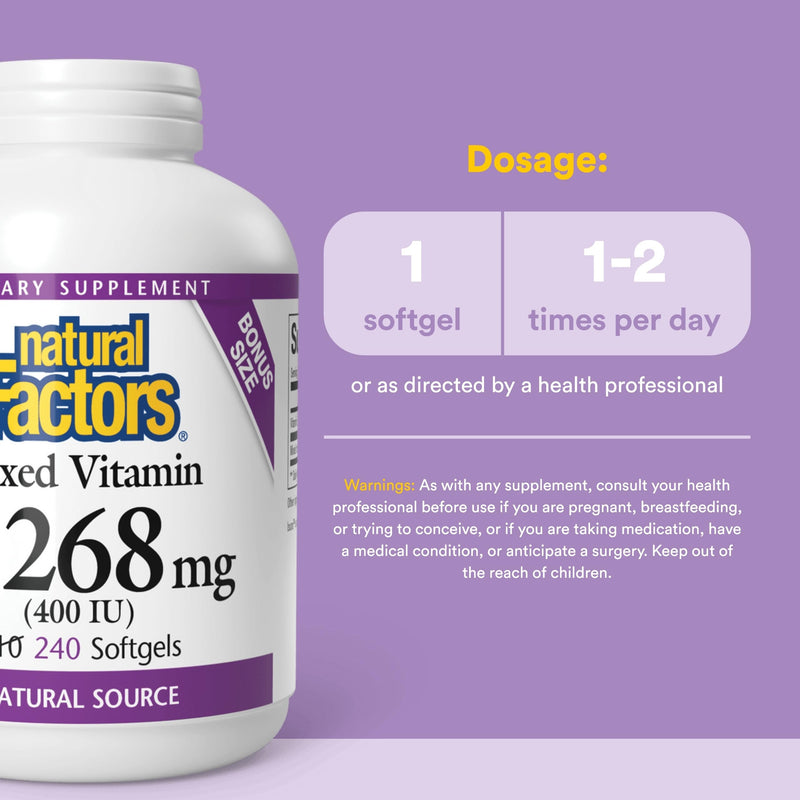 Natural Factors, Mixed Vitamin E 400 IU, Antioxidant Support for Cardiovascular and General Health, 240 softgels (240 servings) Standard Packaging