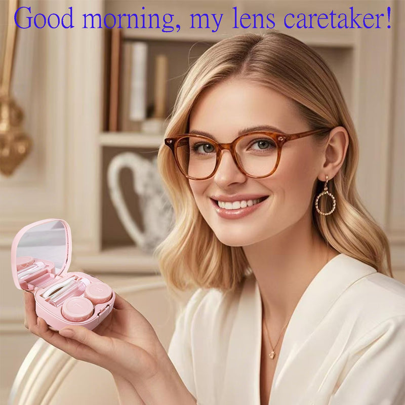 Contact Lens Case Kit with Cleaner Washer, Contact Lenses Applicator Removal Tool Kit with Mirror Solution Bottle for Daily and Outdoor Use(Pink) Pink