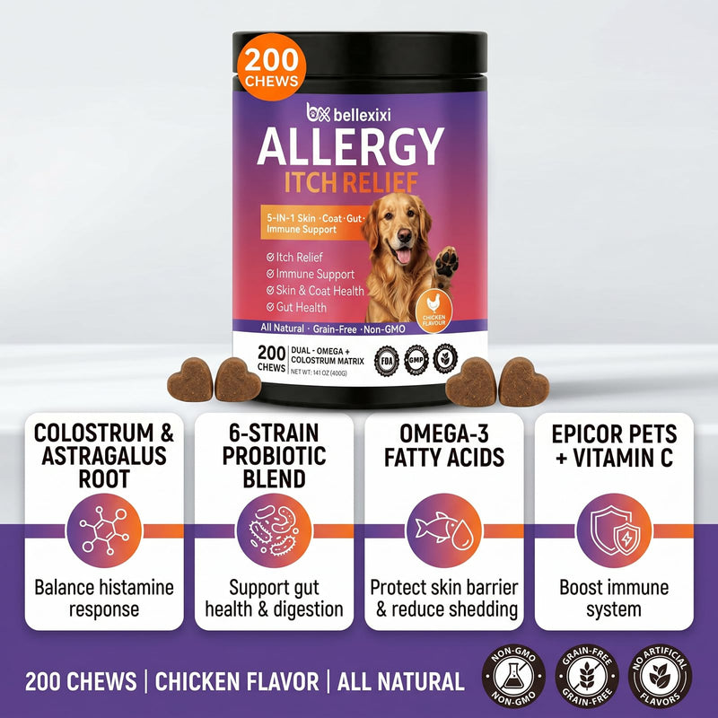 Dog Allergy Chews 200ct - Seasonal Allergy & Itching Skin Relief for Dogs - Soft Chews with Colostrum, Probiotics & Omega 3 for Licking Paws, Hot Spots & Immune Support - Chicken Flavor (14.1 OZ) 200 Chews